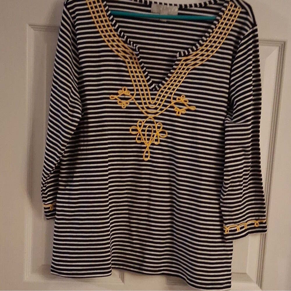 Carolyn Taylor Size L Women's Black/White Striped Knit Pullover 3/4 V-Neck